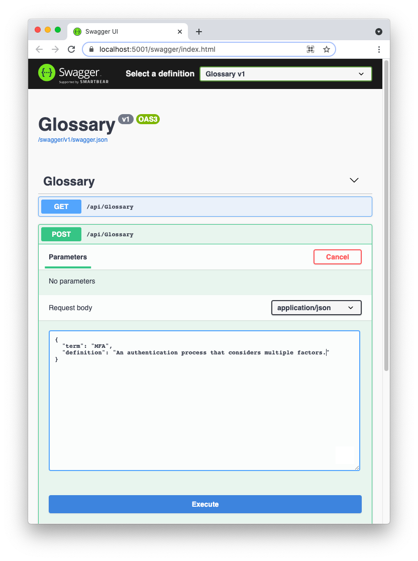 Posting a new glossary item through Swagger UI