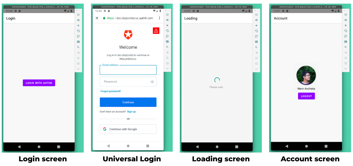 The app’s four screens: “Login”, “Universal Login”, “Loading”, and “Account”.