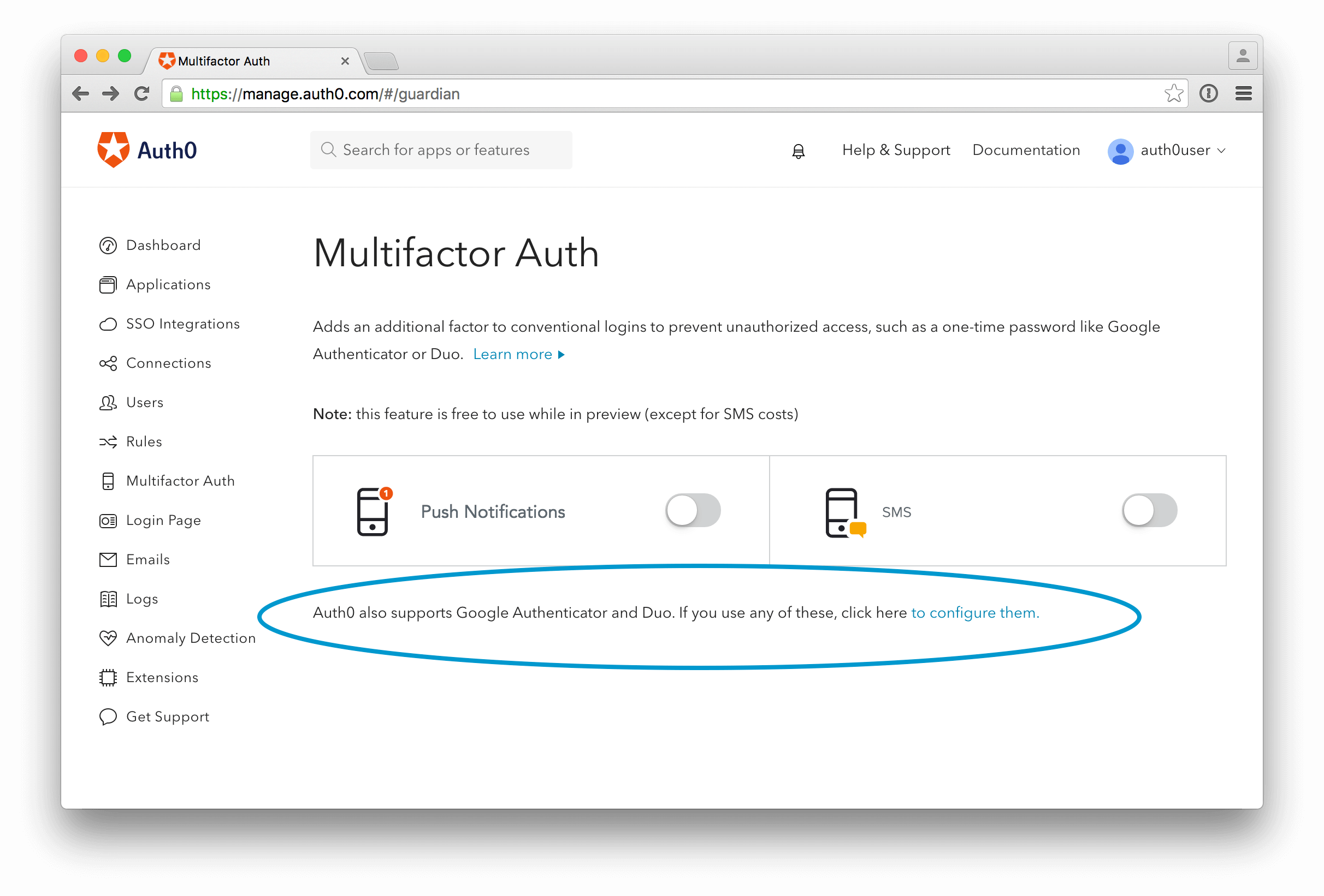 Auth0 multifactor authentication feature