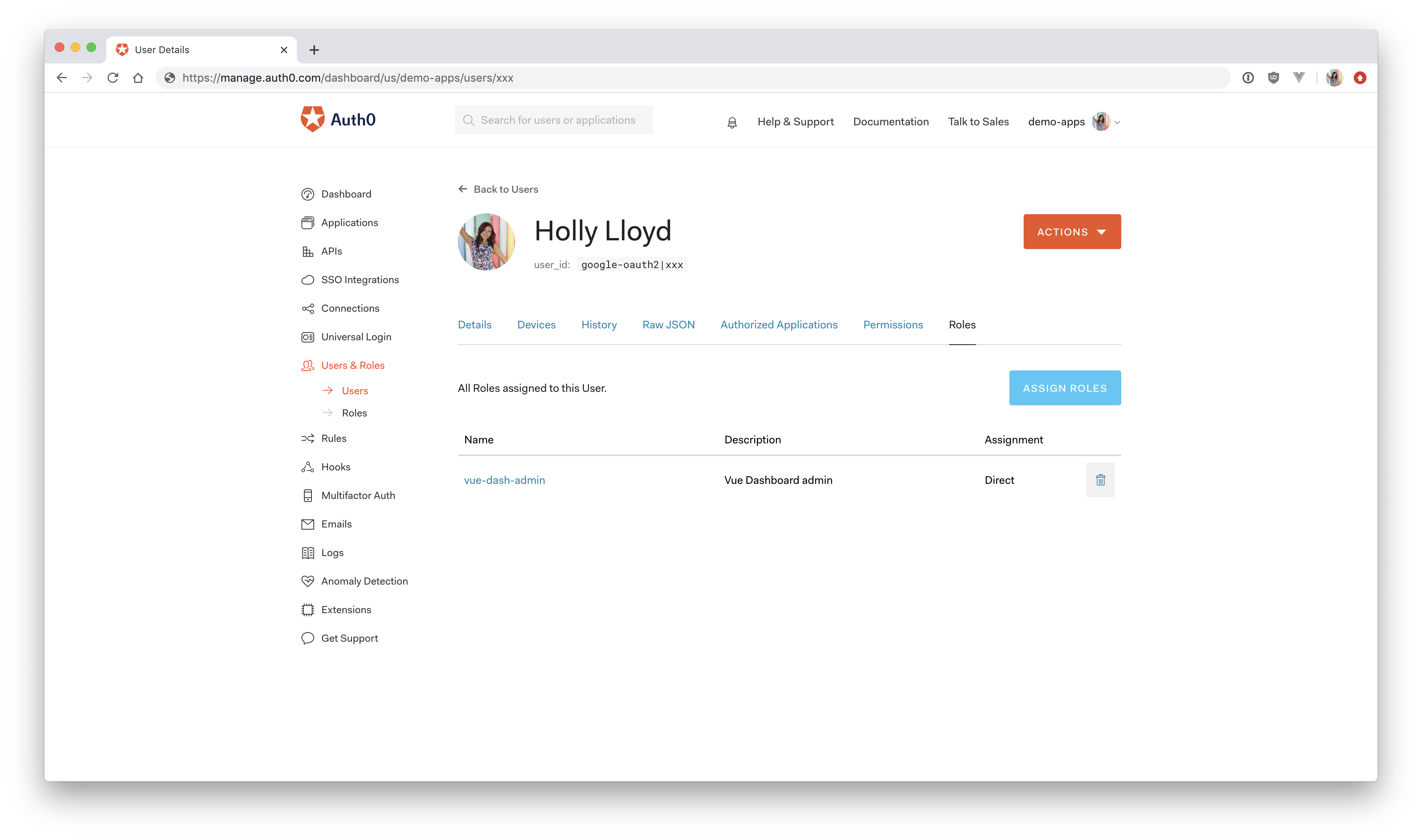 Auth0 dashboard user permissions