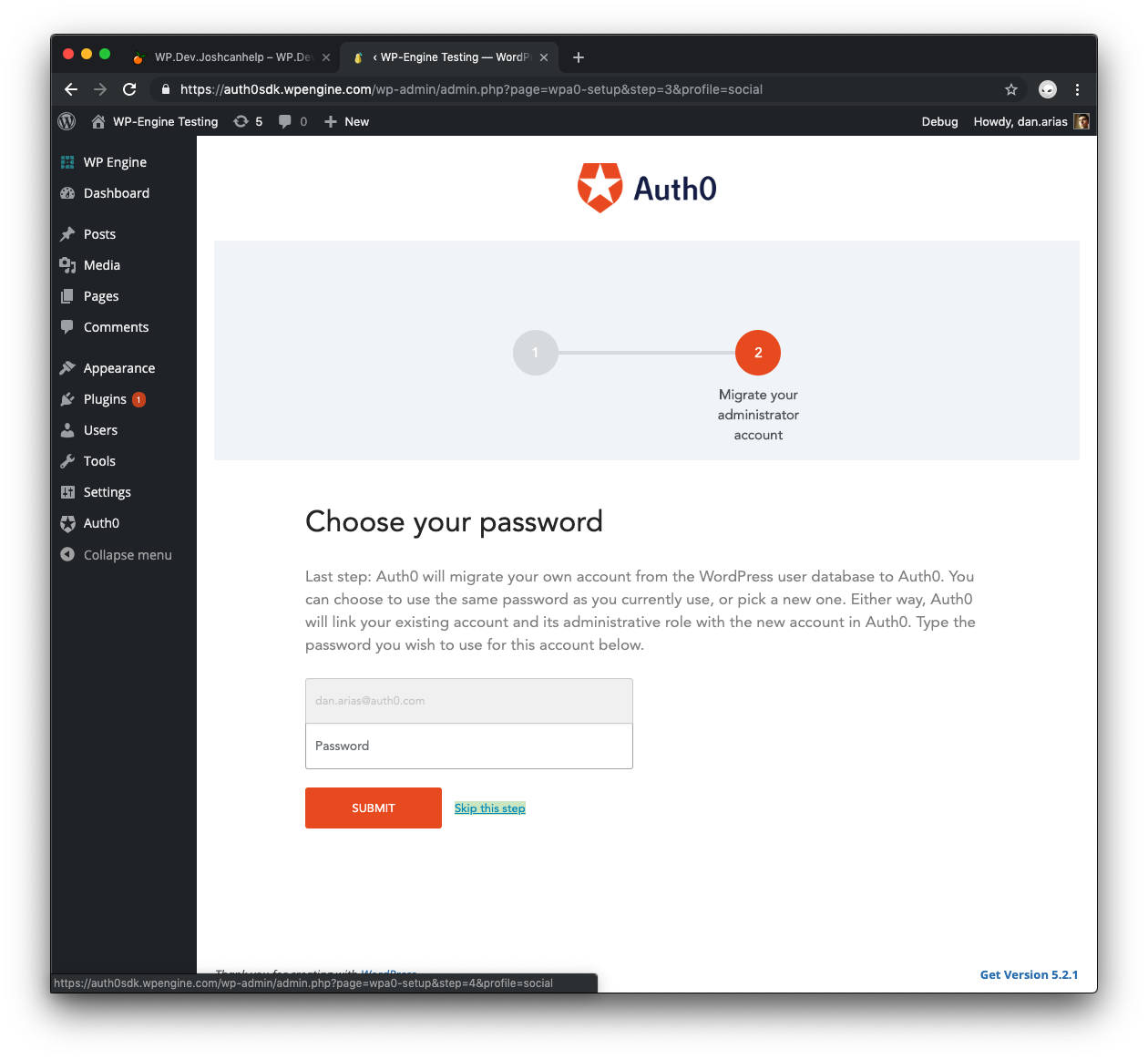 Auth0 WordPress Setup Wizard skip choosing a password