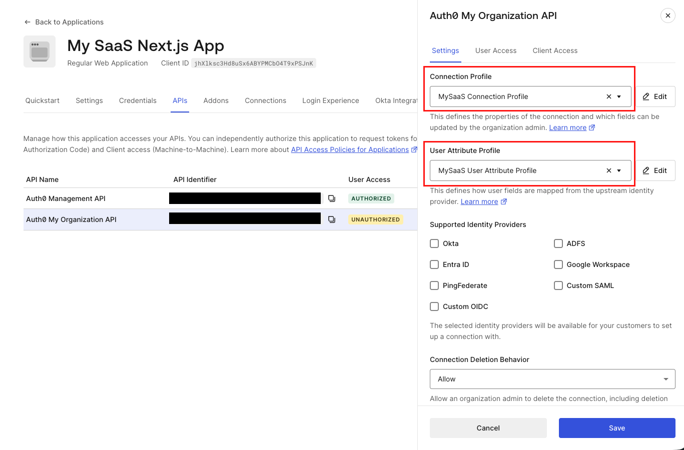 Auth0 Management Dashboard - Applications - APIs - settings