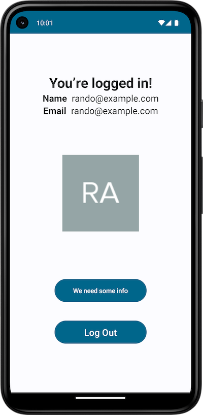 The app displays the message “You’re logged in!”, the user’s name, email address, photo, the new “We need some info” button, and a “Log Out” button.