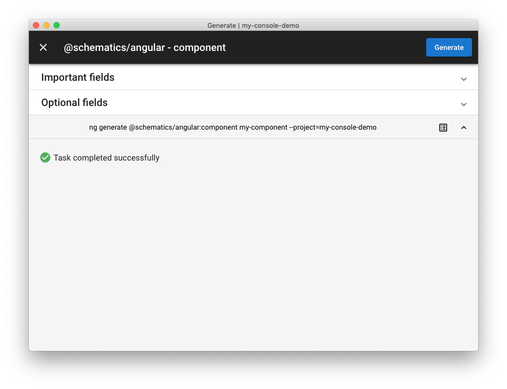 Successful component generation in Angular Console.