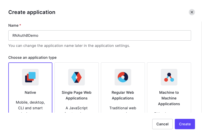 The “Create application” dialog in the Auth0 dashboard. The “Name” field contains “RNAuth0Demo,” and the “Native” application type is selected.