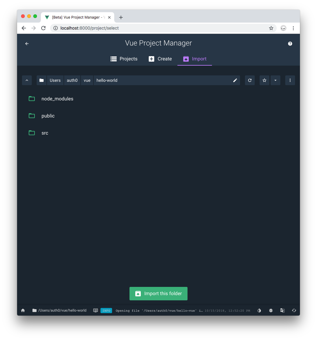 Vue Project Manager import project folder
