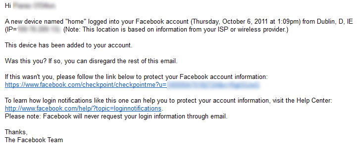 Facebook Security Email Form