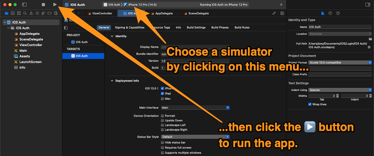 Screenshot of Xcode with instructions to choose a simulator and run the app.
