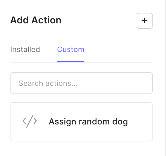 image of the Add action section showing the action under the Custom tab