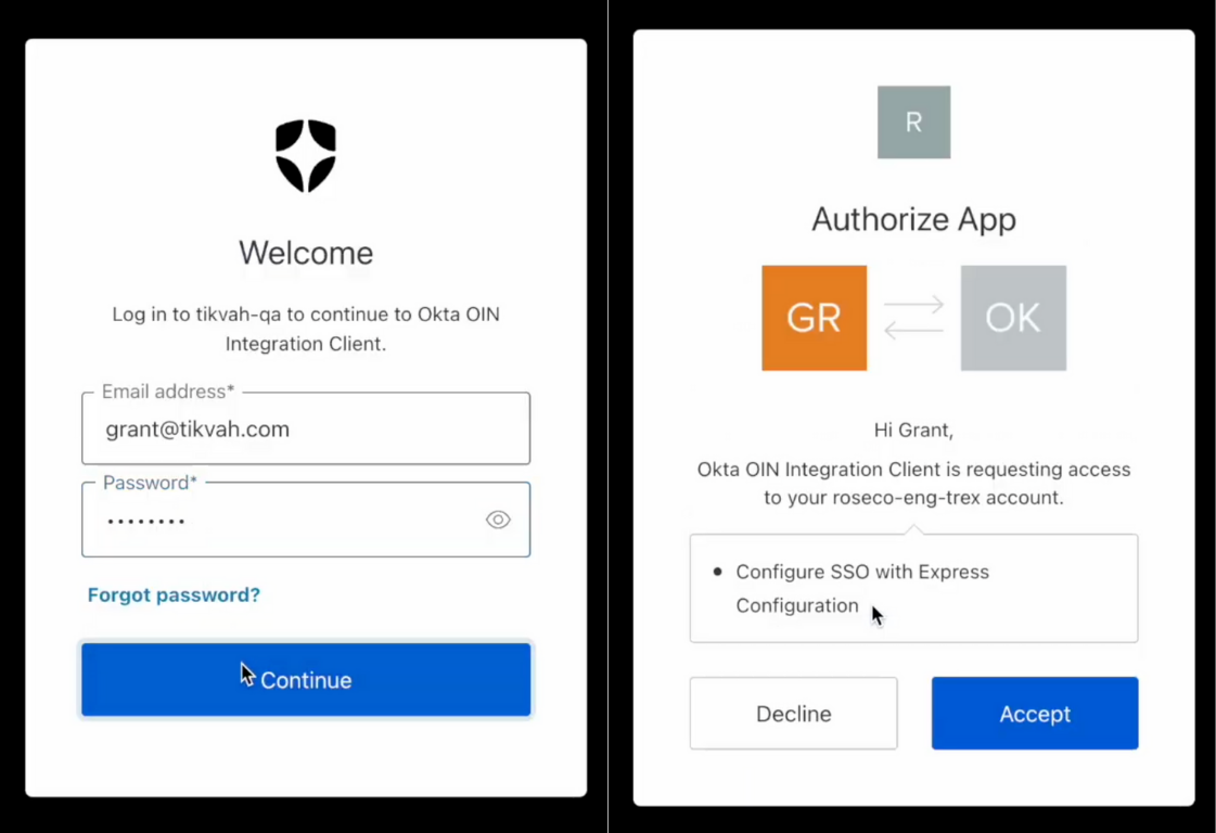 Flow demonstrating the OAuth 2.0 consent screen for Auth0 Express Configuration to securely share configuration data.