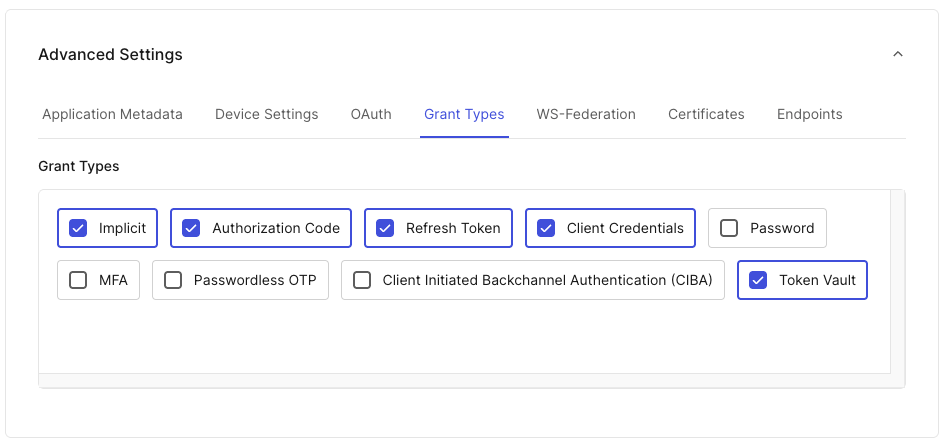 Screenshot of the Auth0 application advanced settings in Auth0, showing the 'Token Vault' grant type enabled.