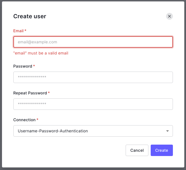 The “Create User” dialog. It has fields for email and password, as well as a drop-down menu displaying “Username-Password-Authentication”.