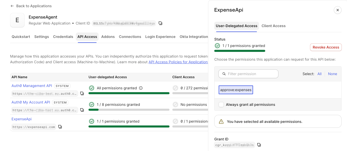 Grant API access permissions to the AI agent