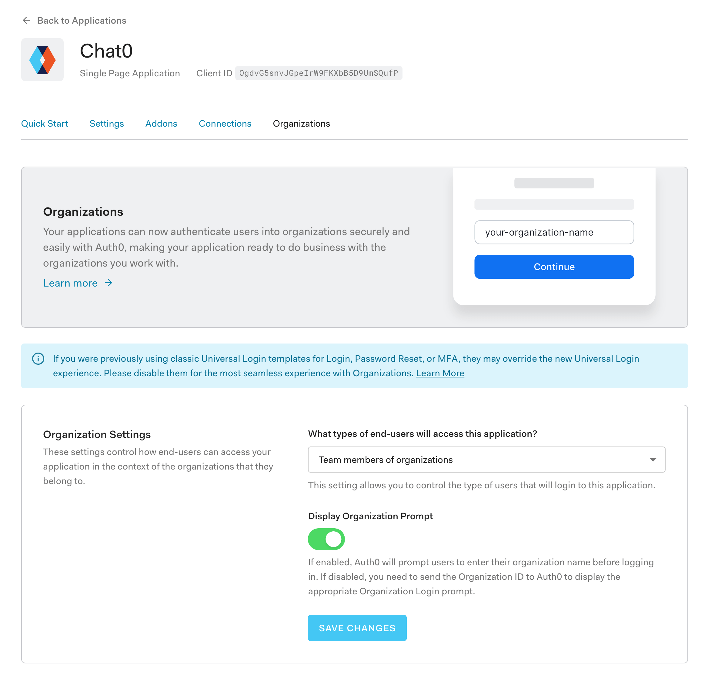 Screenshot of Auth0 organization settings page