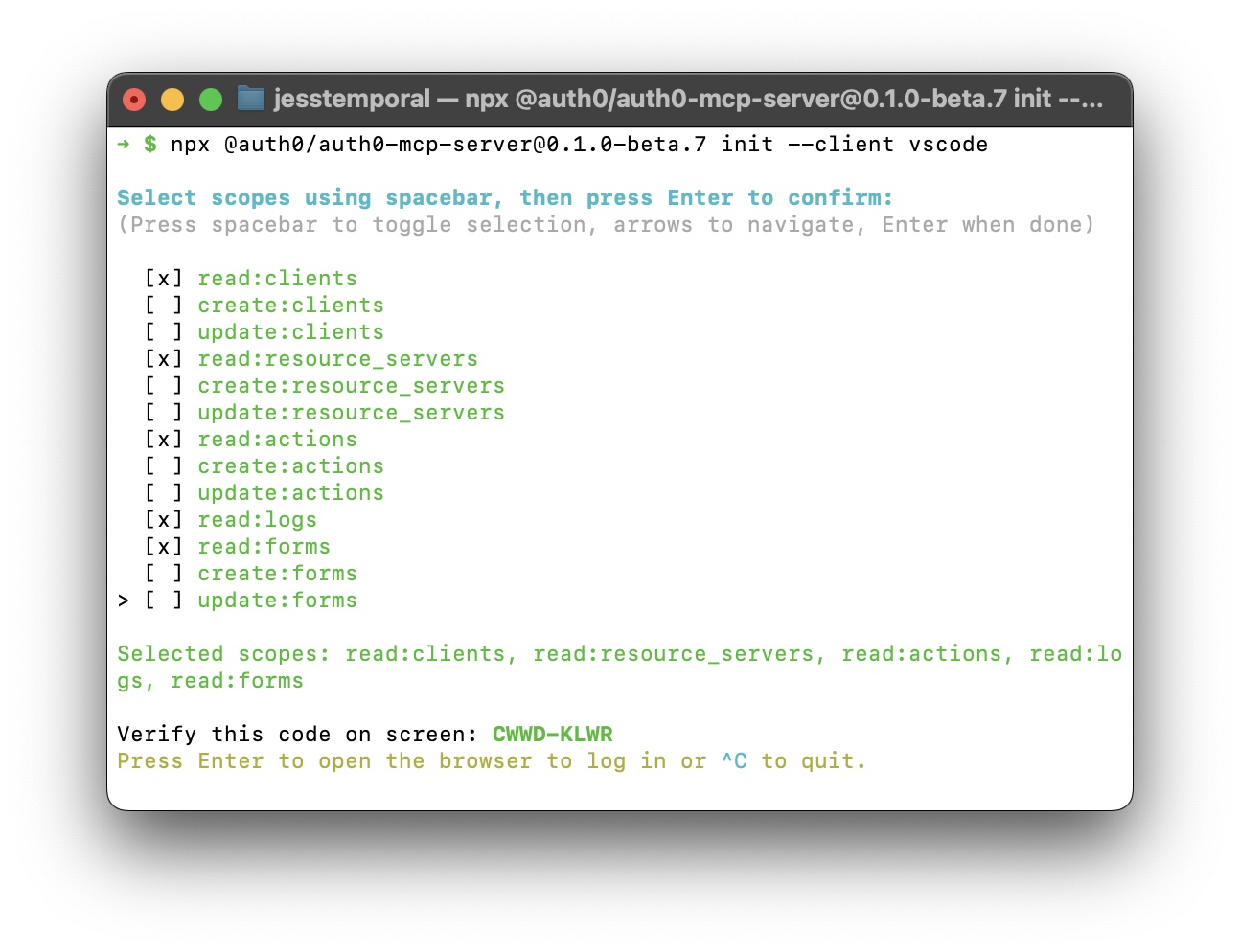 Scope selection screen for Auth0 MCP server configuration