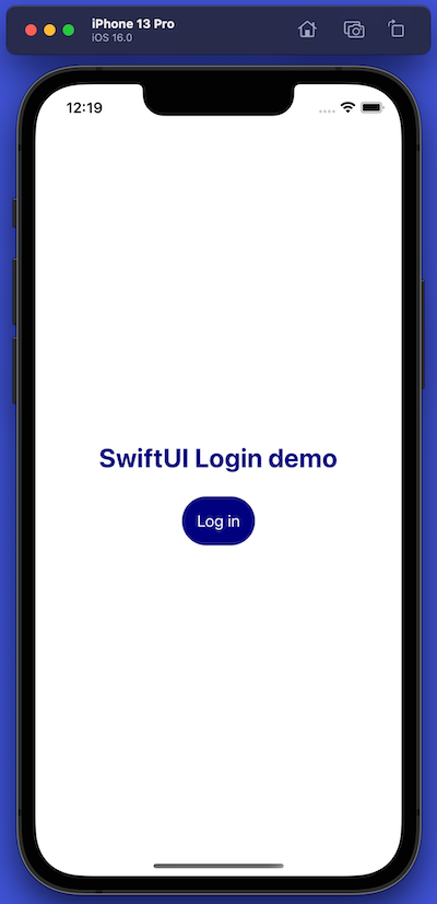 The app’s “Logged out” screen, featuring the app’s title, “SwiftUI Login Demo” and a “Log in” button.