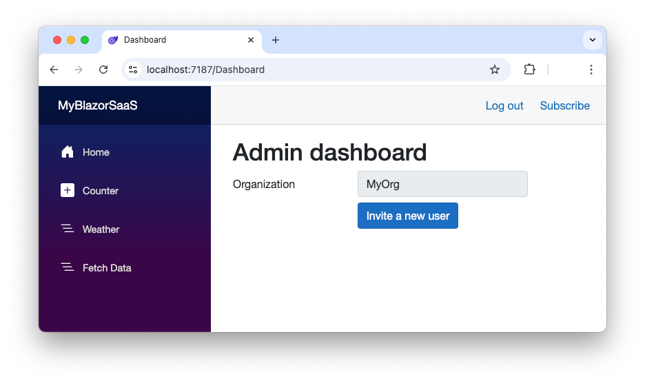 Admin dashboard for B2B SaaS application showing a button to invite new users for simplified user onboarding