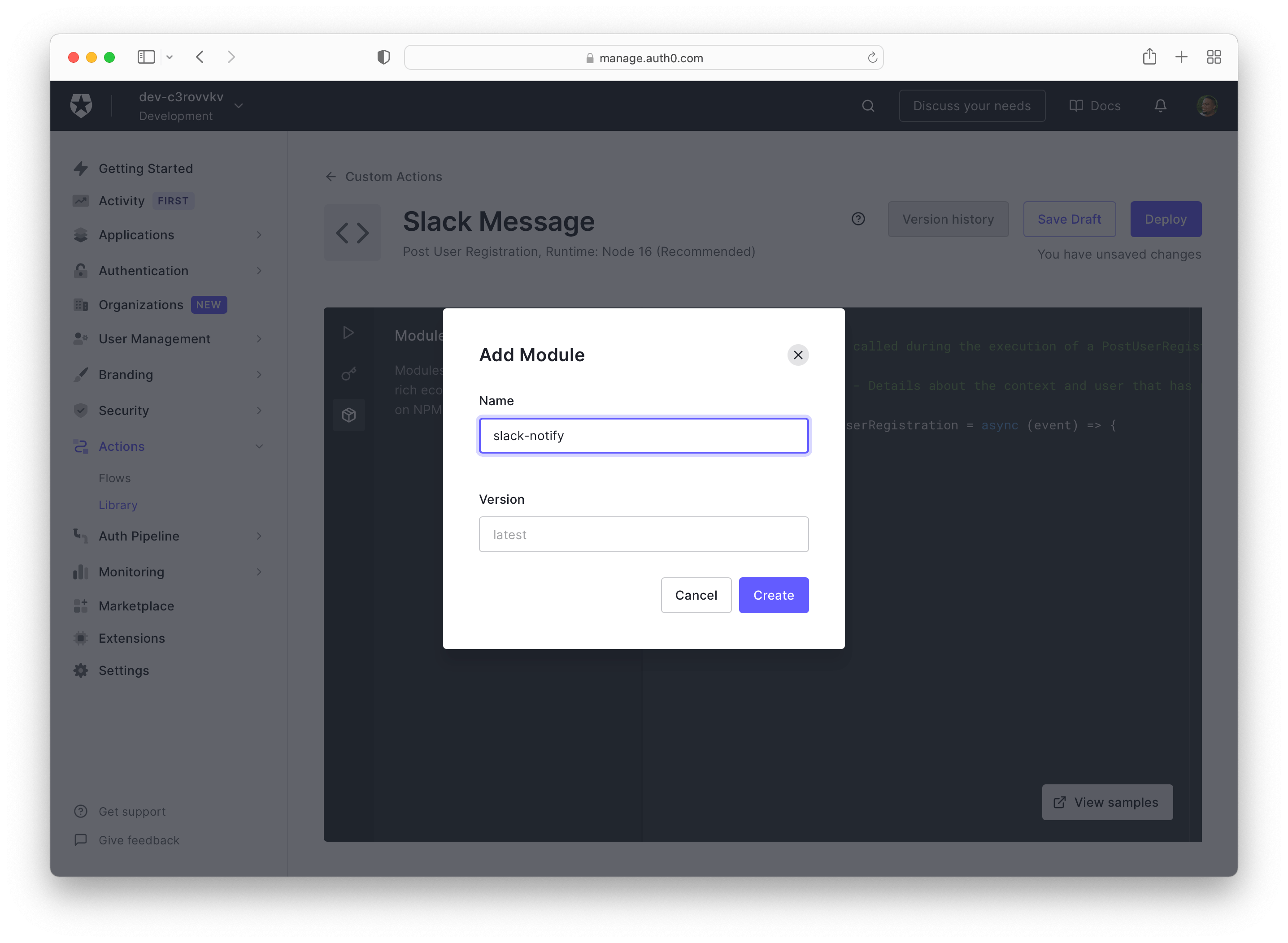 Auth0 Actions add module modal