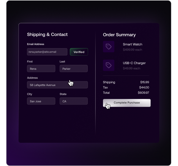 E-commerce checkout screen with inline background registration for frictionless identity conversion optimization.