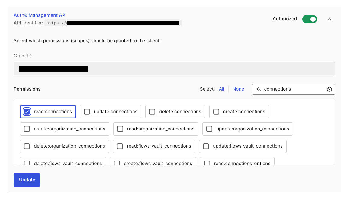 Auth0 Management API permissions screen, with the 'read:connections' permission selected to retrieve existing connections.