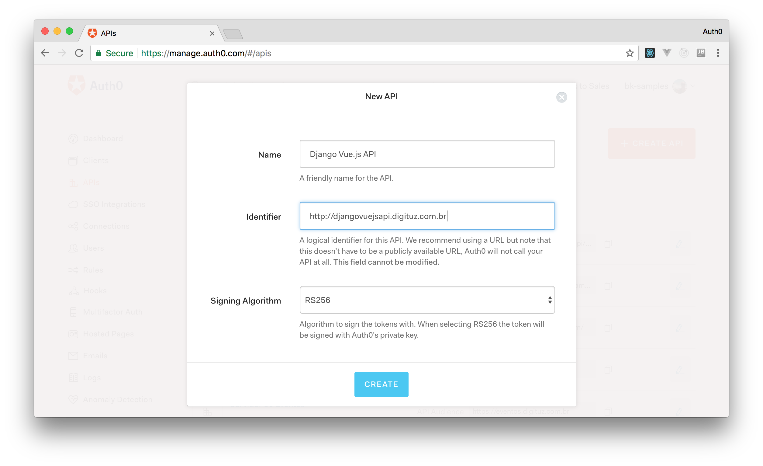 Auth0 Create API Form