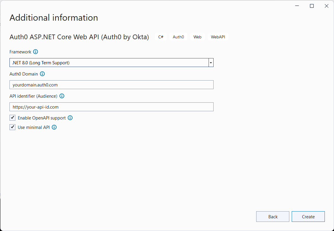 Options for the Auth0 ASP.NET Core Web API template in Visual Studio