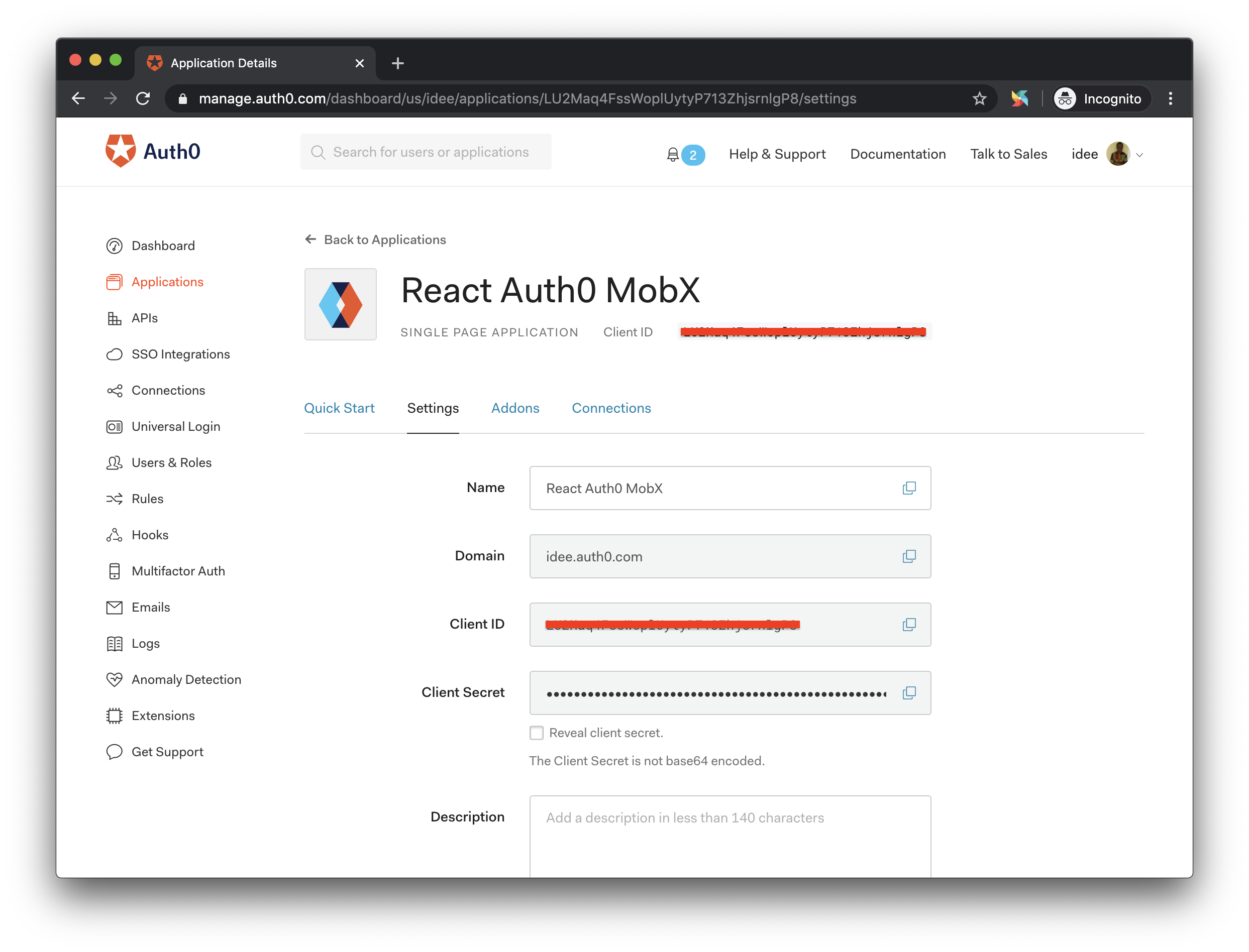 Settings Tab view in Auth0 application