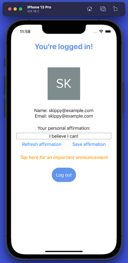 “You’re logged in!” screen for user “skippy@example.com”, showing the user’s name, email, filled-in “personal affirmation” text field, and “Tap here for an important announcement” link.
