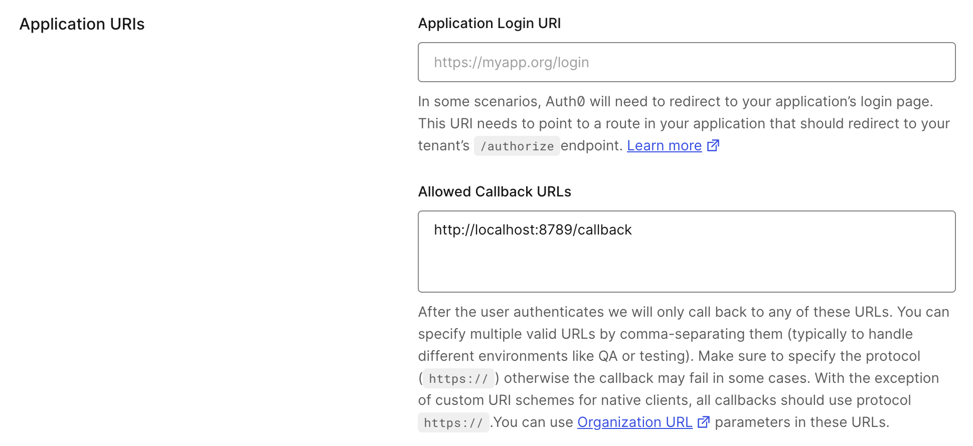Auth0 ダッシュボードのアプリケーション設定にある Application URIs