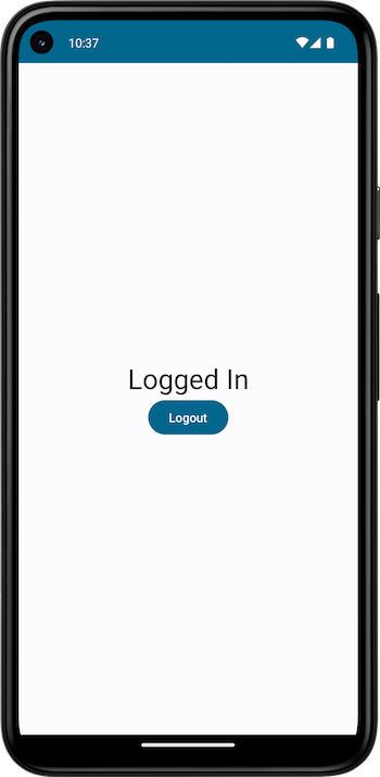The Logout screen. It has a headline, Logged In”, and below it is a button that reads “Logout”.