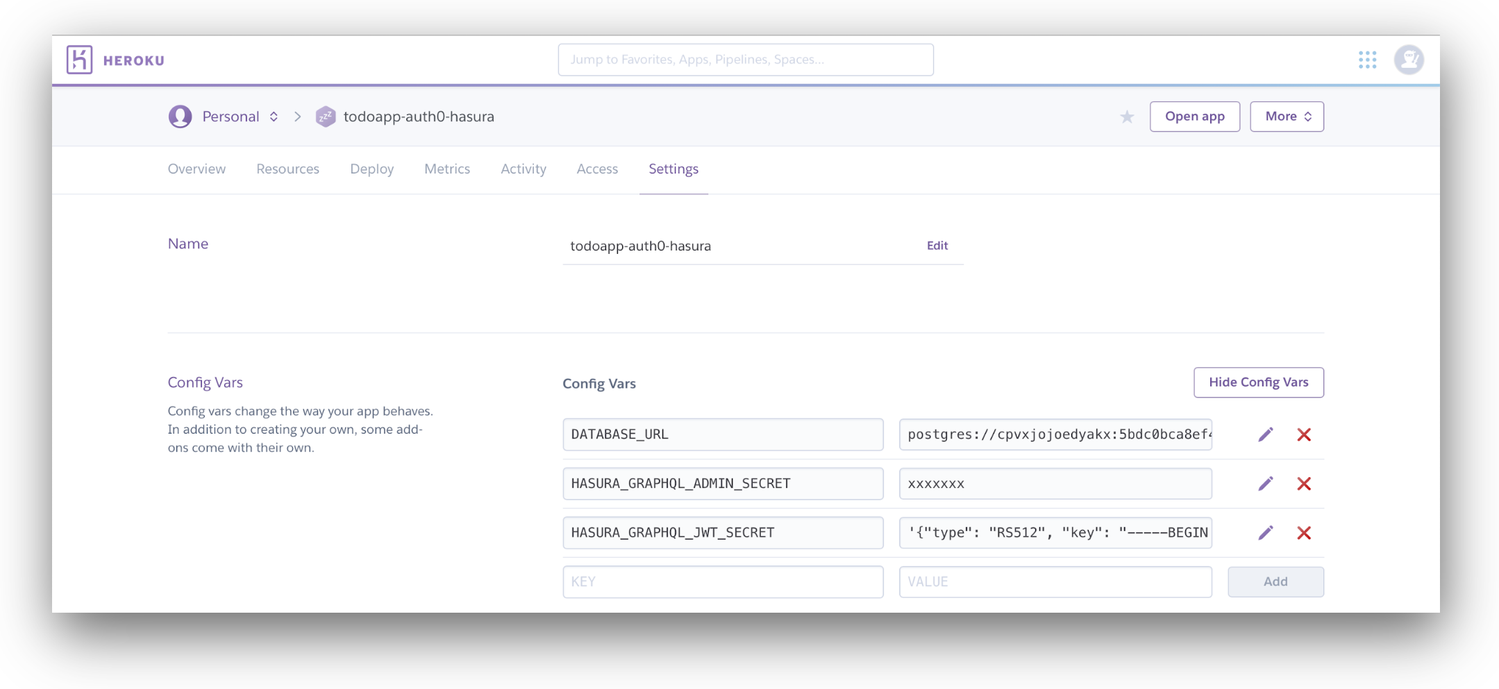 Configuring Heroku App Settings, adding the JWT