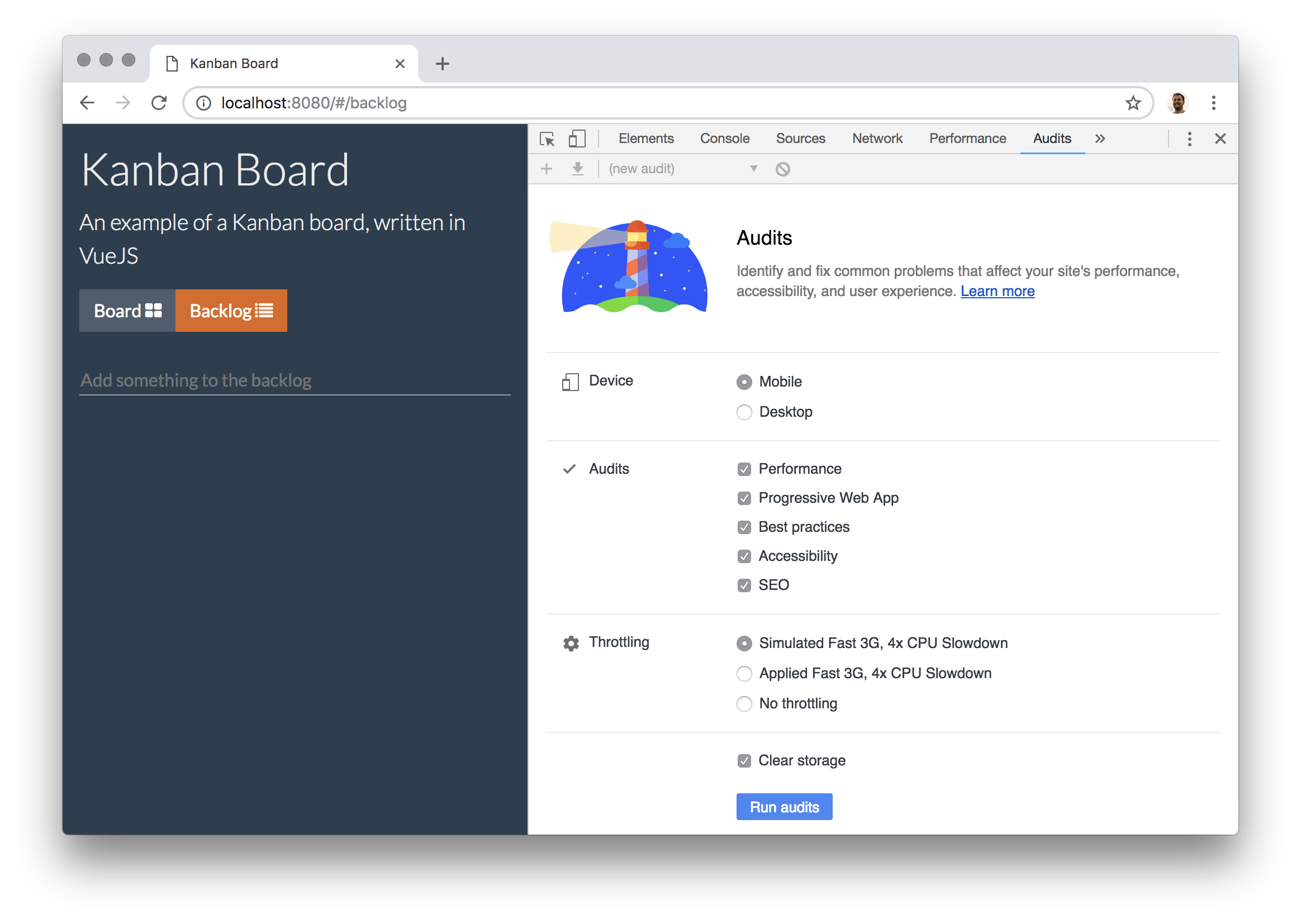 The Audits panel in Chrome Developer Tools - Lighthouse