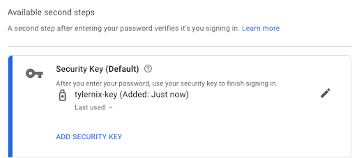 Security key with Google