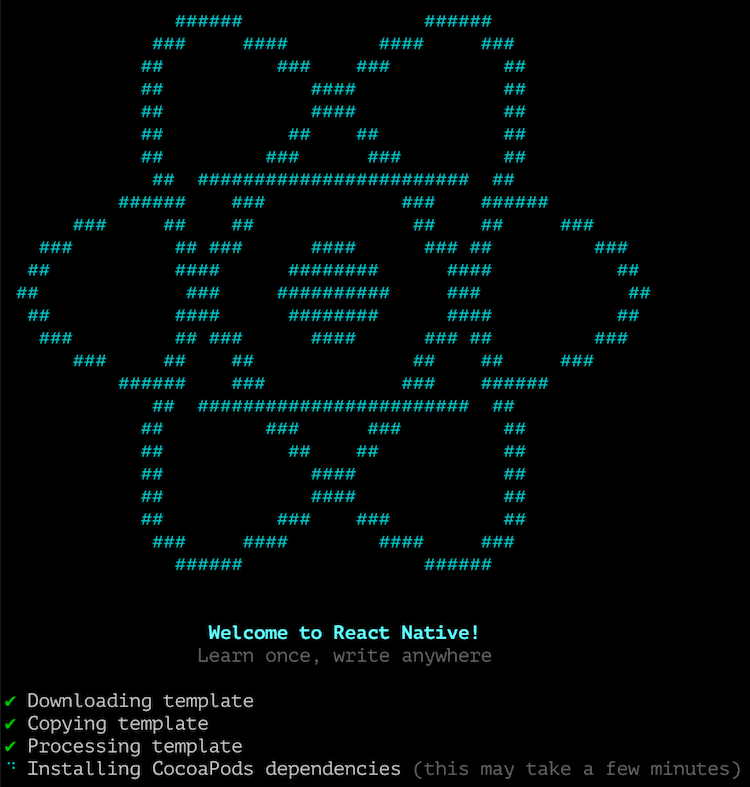 The “Welcome to React Native!” message displayed while generating a new app.