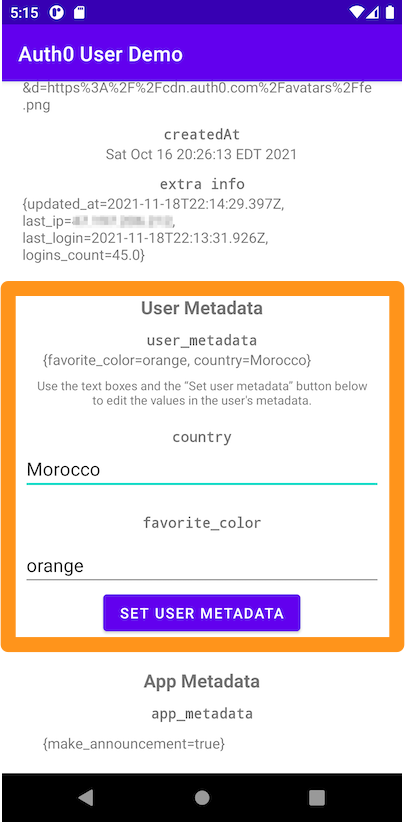 The bottom portion of the app’s main screen, with the user metadata highlighted