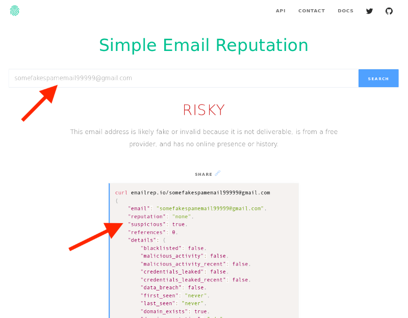 Risky Email Reputation Score Example