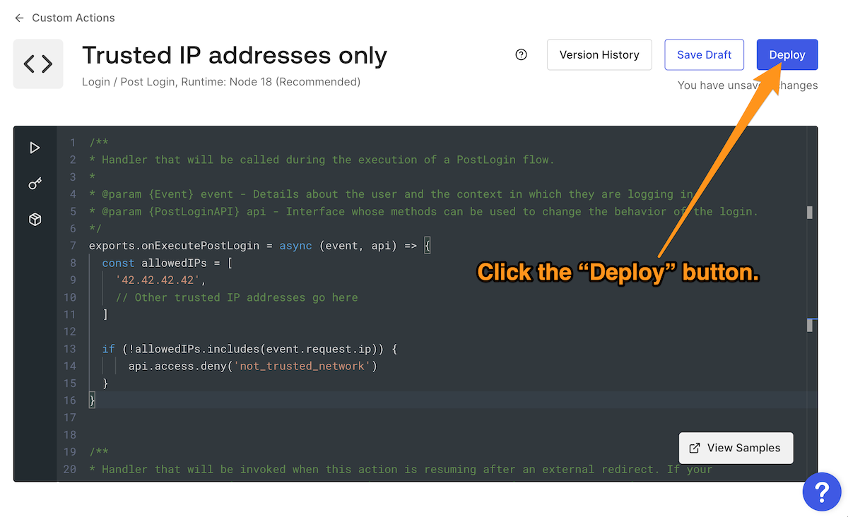 Auth0 Actions code editor displaying the code for the "Trusted IP addresses only" Action, with instructions to click the "Deploy" button.