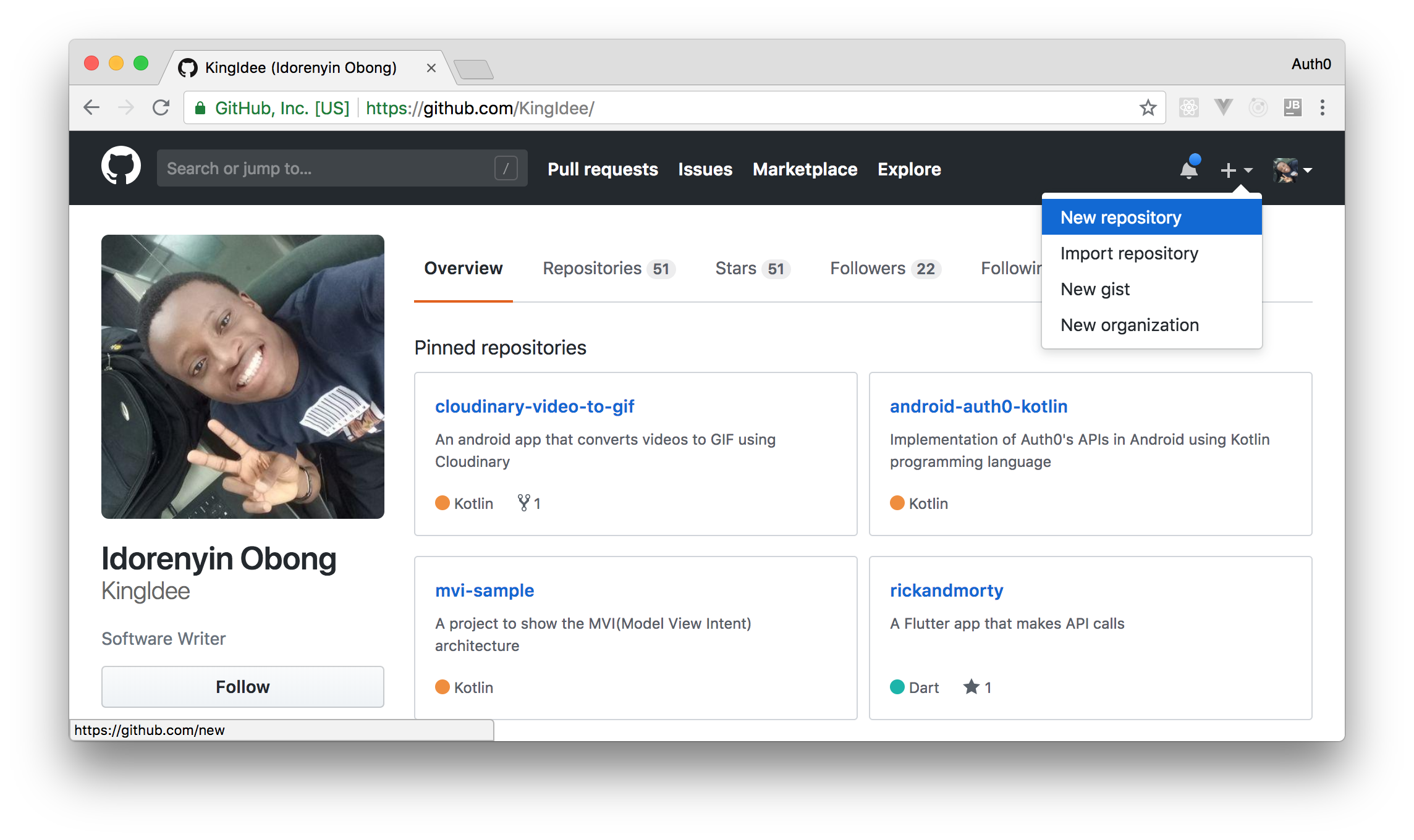 GitHub profile view and creating a new repository