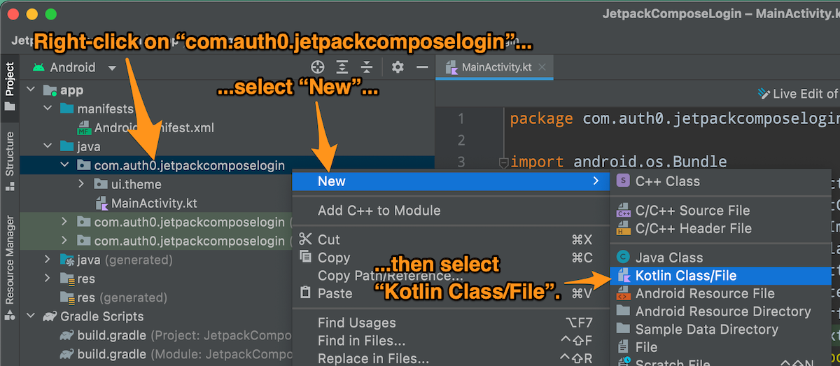 Android Studio window, with arrows showing the user how to add a Kotlin class file to the project.