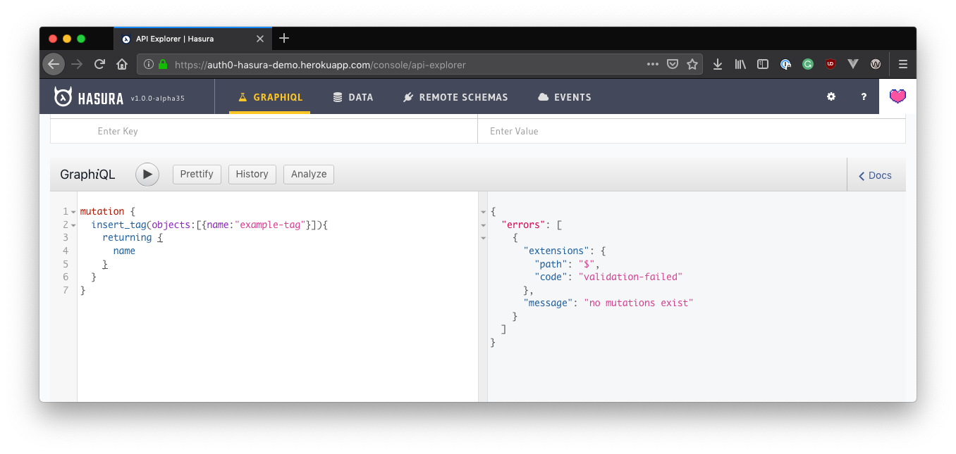 Showing a failed mutation error in the Hasura console