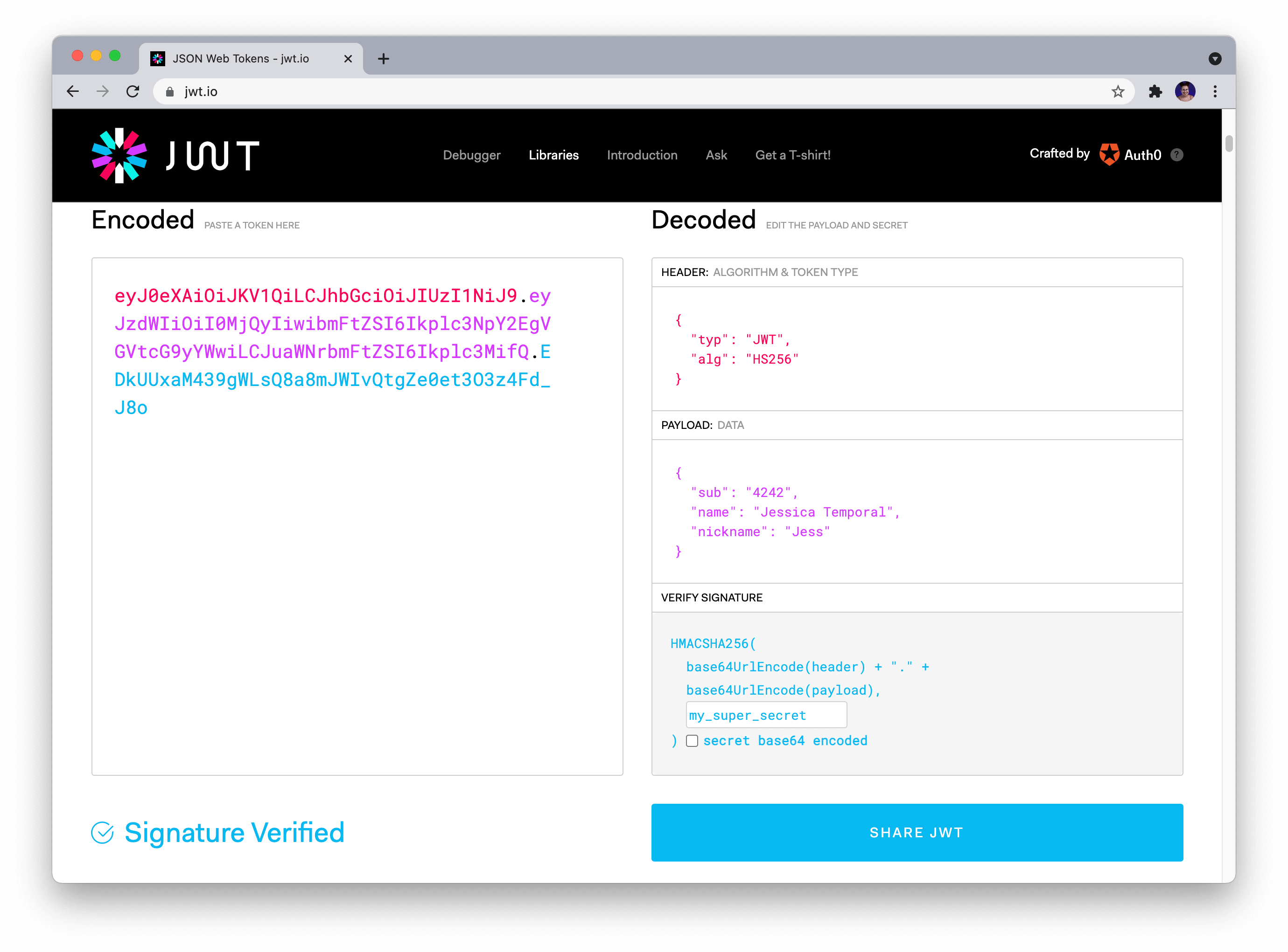 Screenshot of JWT.io showing the verified signature once the correct secret was pasted in the "secret" field