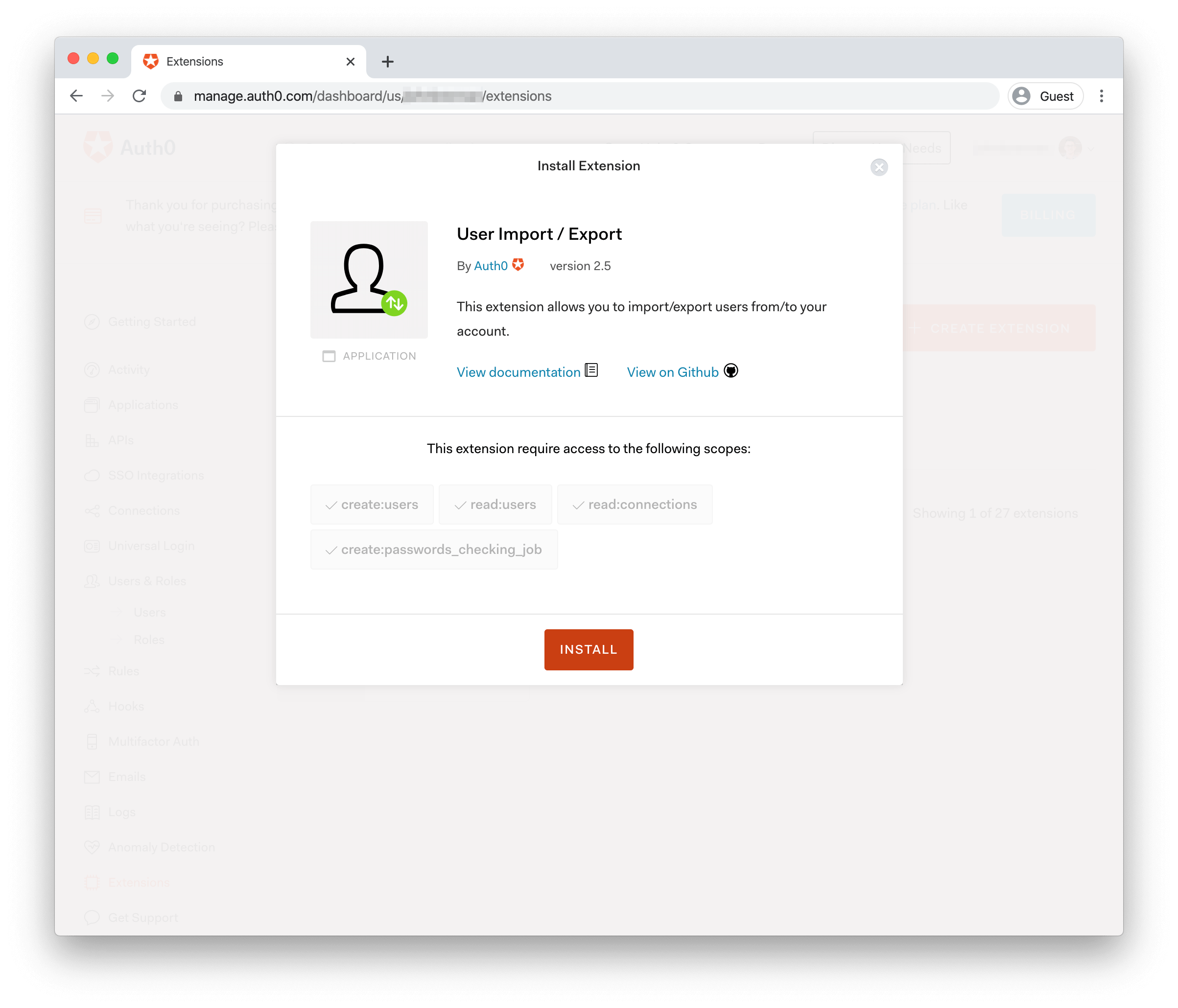 Auth0 Extension installation form