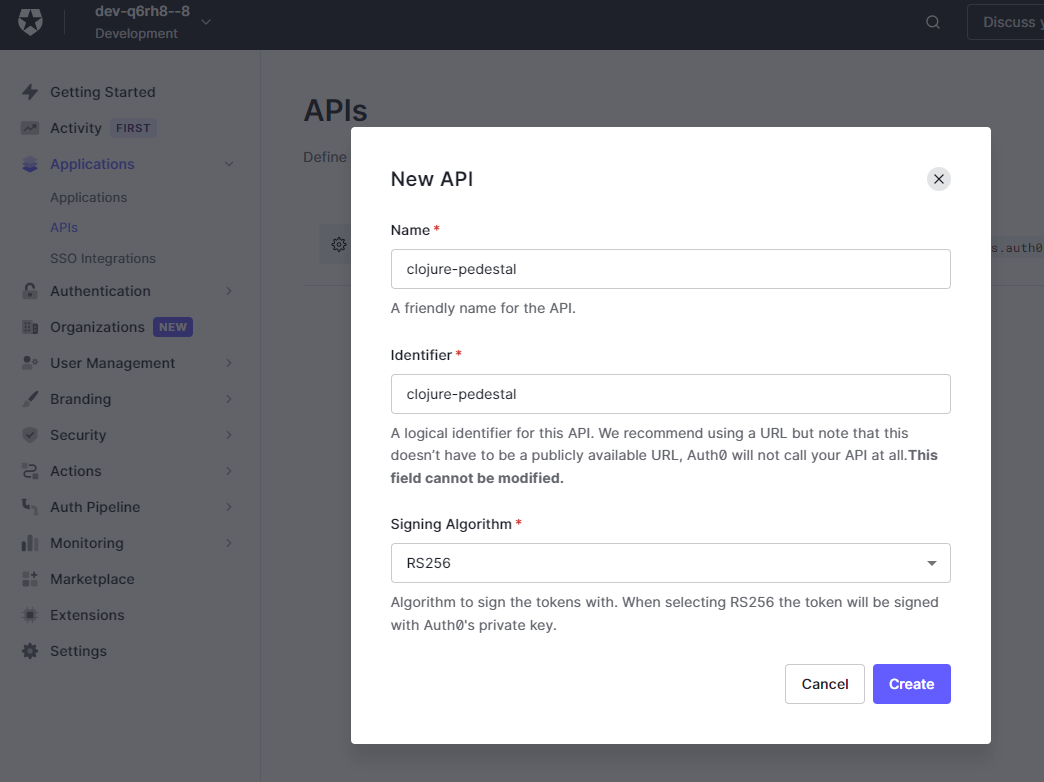 Creating a new API in Auth0