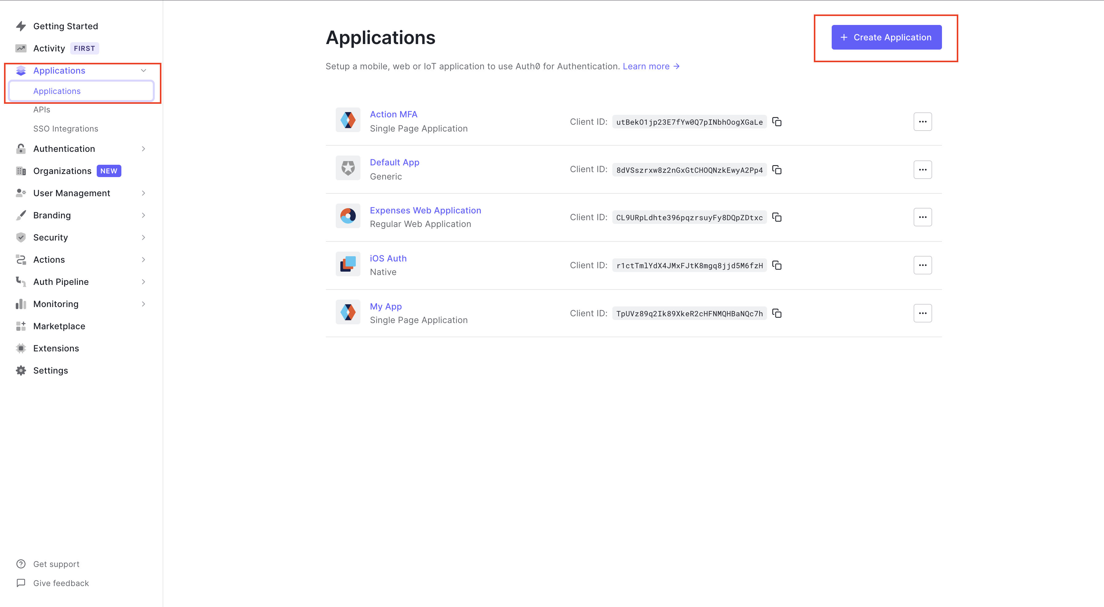 Auth0 Dashboard Application Page