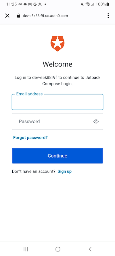 The default Auth0 Universal Login web page, as viewed on a device.
