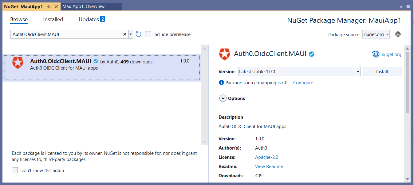 Auth0 MAUI SDK in NuGet package manager
