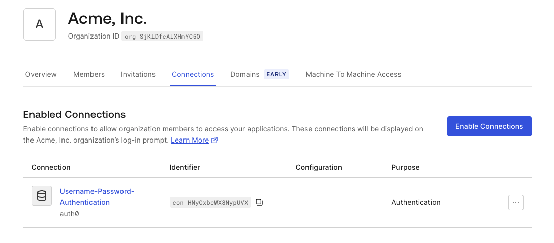 Auth0 Management Dashboard - Enable Connection for Organization