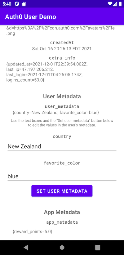 The bottom portion of the app’s main screen, with “New Zealand” in the “country” field and “blue” in the “favorite_color” field, and “{reward_points=5.0}” in the “app_metadata” field