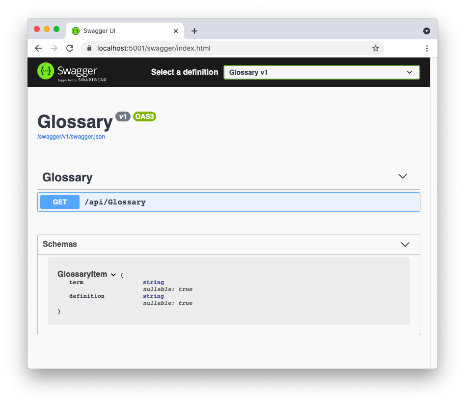 The glossary list endpoint in Swagger UI