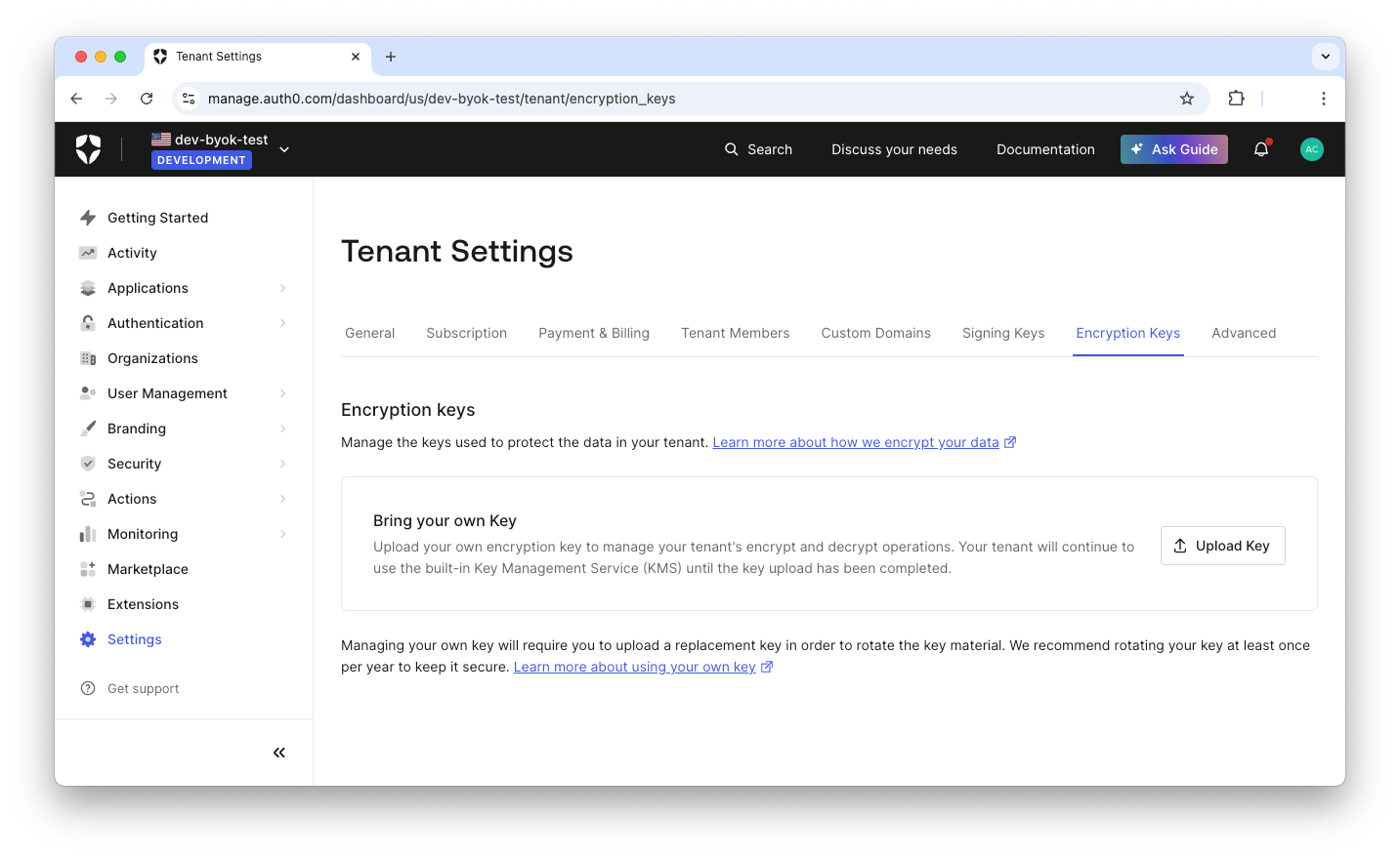 Encryption keys management in the Auth0 dashboard